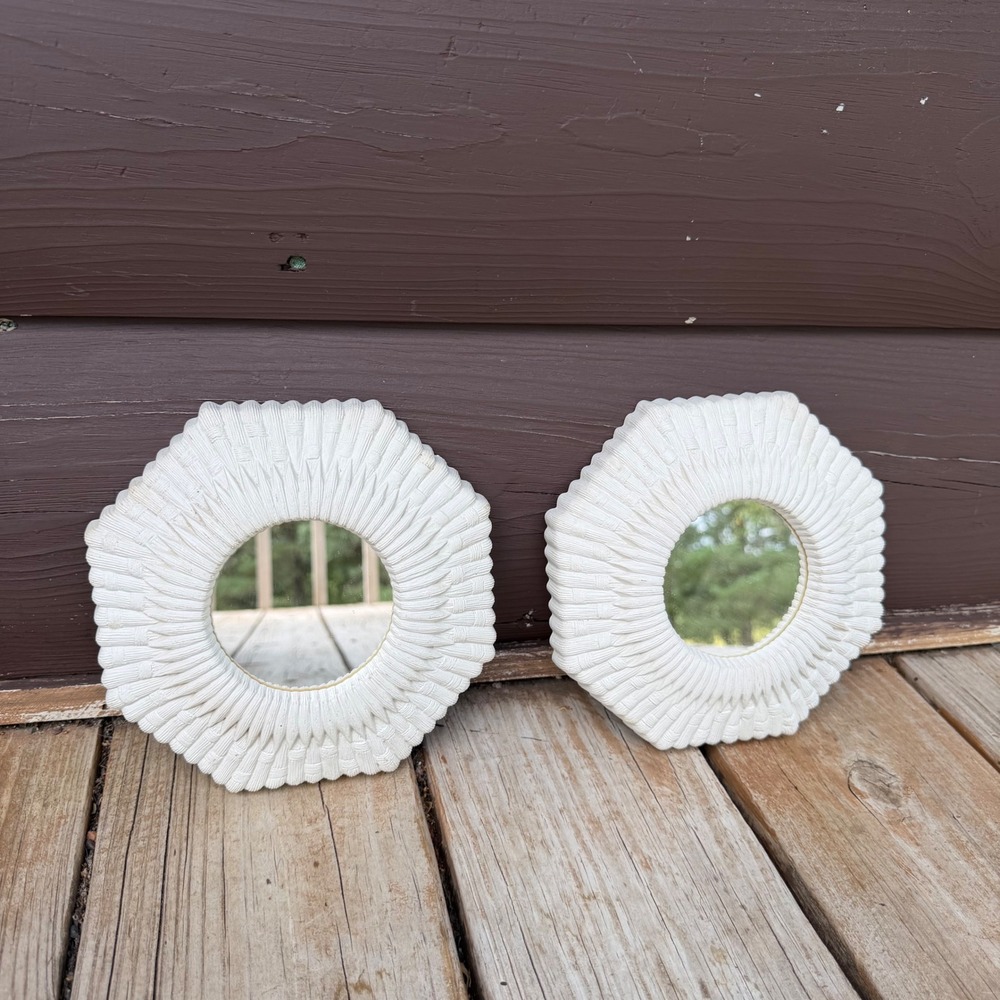 Homco Vintage Wicker Style Wall Mirrors Set of 2 Cream White Octagon Accent